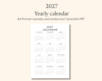 May include: A white 2027 yearly calendar with a simple design. The calendar is in A4 portrait format and includes the text "2027 CALENDAR". The months are arranged in a grid, with each day of the month clearly marked.