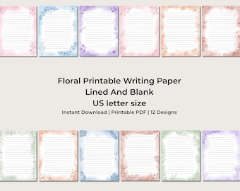 Carta da lettere stampabile con motivi floreali, a righe e bianca, set di cancelleria stampabile (download immediato)