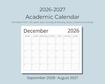 2026-2027 Academic Monthly Calendar, Lined Planner (Digital Download)