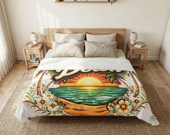 Calm Down Sunset Beach Comforter | Tropical Palm Sunrise Bedding