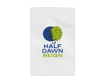 Half Dawn Reign sun and moon logo Beach Towel | celestial design, blue green