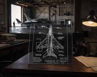Supersonic Jet Fighter Blueprint Etched Glass