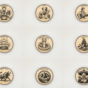 May include: Nine wooden coasters with black engraved designs. Each coaster features a different beer style, including Lager, IPA, Amber, Porter, Brown Ale, Hazy, Red Ale, Kolsch, and Mexican Lager. The coasters have a light wood grain.