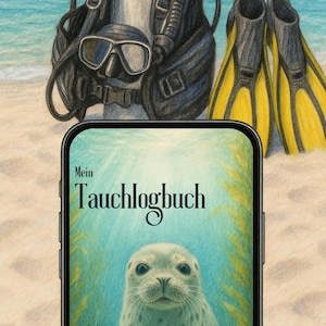 Könnte beinhalten: Illustration von Tauchausrüstung an einem Sandstrand mit einer tropischen Insel im Hintergrund. Ein Smartphone zeigt eine Seehund-Illustration und den Text "Mein Tauchlogbuch". Gelbe und schwarze Flossen sind ebenfalls zu sehen.