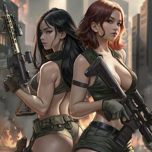 May include: Digital illustration of two women in military-style attire, each holding a rifle. They wear olive green tops and shorts, with tactical gear. The background depicts a city in flames, suggesting a war or post-apocalyptic setting.
