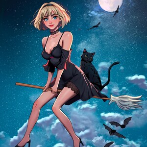 Puede incluir: Ilustración de una mujer con un vestido negro montada en una escoba volando por un cielo nocturno con murciélagos, nubes y una luna llena. Un gato negro está sentado detrás de ella. La imagen tiene el texto "Scribbling Sarah".