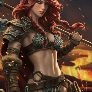 Może przedstawiać: Cyfrowa ilustracja kobiety wojowniczki z długimi, rudymi włosami w warkoczach, ubranej w zbroję i trzymającej duży topór. Jest ubrana w kolczugę i skórę, z mieczem u boku. Tło przedstawia ognistą scenę.