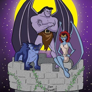 Może przedstawiać: Ilustracja trzech postaci gargulców na kamiennej konstrukcji na tle fioletowego nocnego nieba z żółtym księżycem. Gargulce są w różnych odcieniach niebieskiego i fioletowego, z dużymi skrzydłami. Praca podpisana przez Dana Parenta.