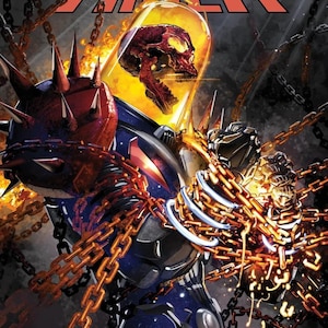 May include: Comic book cover featuring the Cosmic Ghost Rider. The character is depicted in a blue and black suit, with a flaming skull head. The image is filled with chains and fire effects, with the title "Revenge of the Cosmic Ghost Rider" at the top.