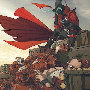May include: Comic book cover for Gunslinger Spawn #1. A figure in a red coat and hat sits on a pile of dynamite and bodies. The Gunslinger is smoking, with a red cape and a gun. The title is in green and black.