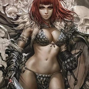 Może przedstawiać: Ilustracja kobiety wojowniczki z rudymi włosami, ubranej w bikini zbroi łuskowej i pasujące majtki. Trzyma miecz i tarczę, z tłem wypełnionym czaszkami. Grafika ma motyw fantasy.