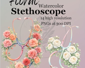 Floral Stethoscope Watercolor Clipart, Medical Flowers PNG Graphics (Digital Download)