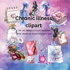 Puede incluir: Clipart de acuarela con ilustraciones médicas. Incluye un calendario, esqueleto, persona en silla de ruedas, cerebro, pastillas, cuaderno, estetoscopio, despertador, jeringa y otros símbolos médicos. Texto: "Chronic illness clipart..."