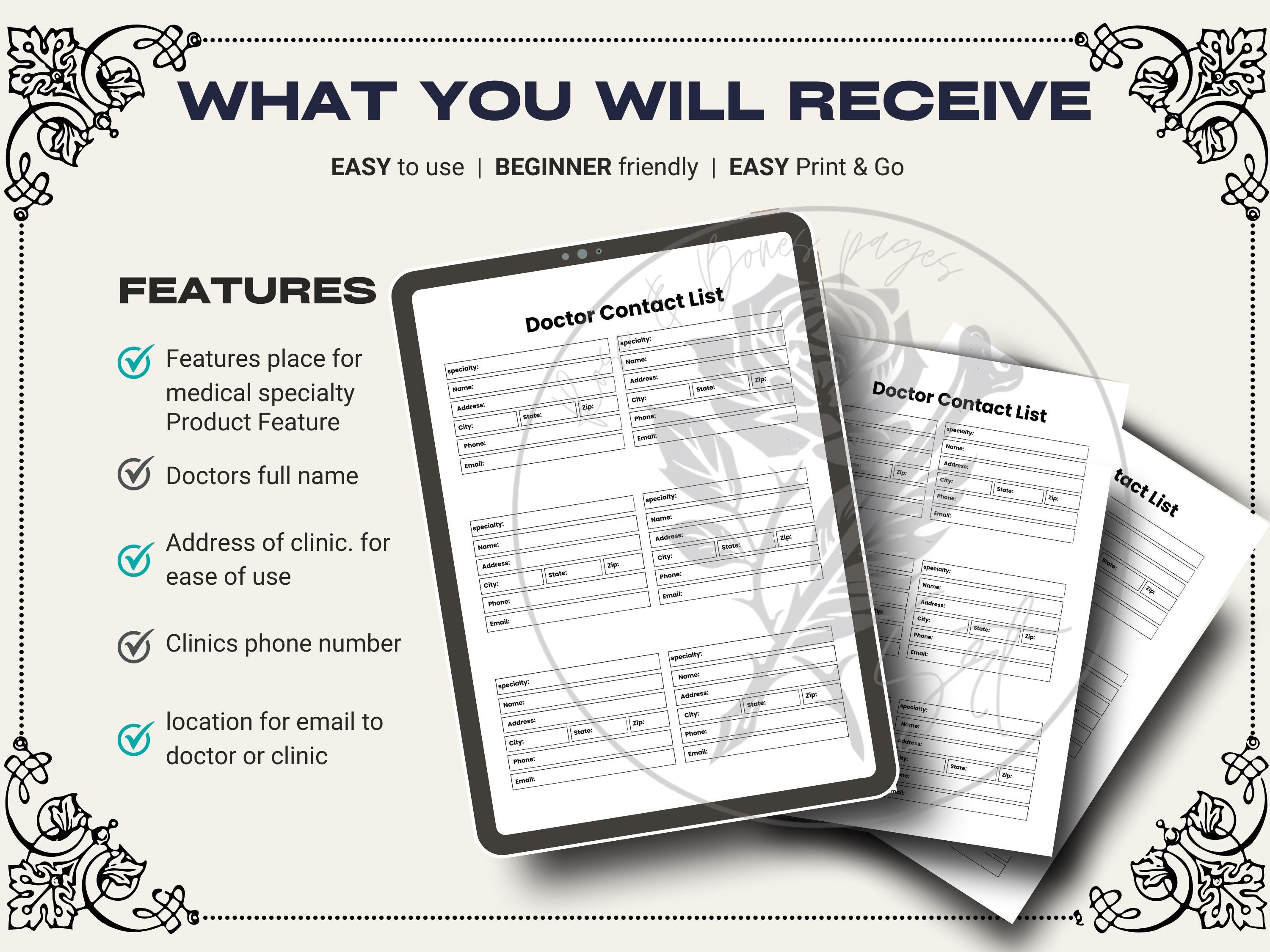 Printable Doctor Contact List | Medical Contact Organizer | Emergency ...