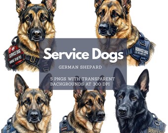 Watercolor German Shepherd Service Dog PNG Bundle, Floral GSD Clip Art (Digital Download)
