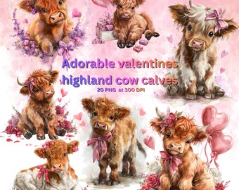 Valentine Highland Cow Watercolor Clipart, Coquette Bow Calves (PNGs)