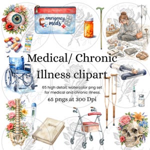 Medical & Chronic Illness Clipart Bundle • 65 Watercolor PNGs • Mobility Aids, Meds, Anatomy • 300 DP