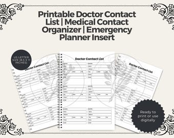 Printable Doctor Contact List | Medical Contact Organizer | Emergency Planner Insert