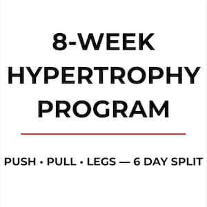Puede incluir: Fondo blanco con texto negro: "8-WEEK HYPERTROPHY PROGRAM". Debajo, una línea roja separa el título de "PUSH • PULL • LEGS — 6 DAY SPLIT". El texto "CleanCutFitnessCo" está en la parte inferior.