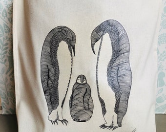 TOTE BAG - [Family] - 100% Cotton - Penguin Design - Fantastic Gift Idea-reusable tote bag-fabric tote bag.