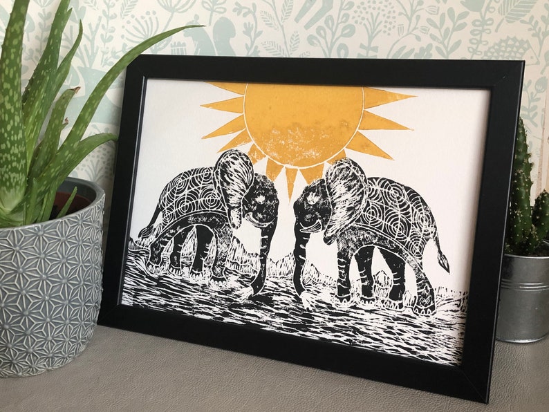 Lino Print Elephant relief print A4 Linocut Elephant Lino print linoleum print on acid free paper. Limited Edition