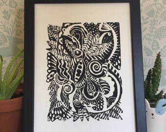 Lino Print - Limited Edition -A4 Linocut -Foliage relief print - Lino print - linoleum print on acid free paper.