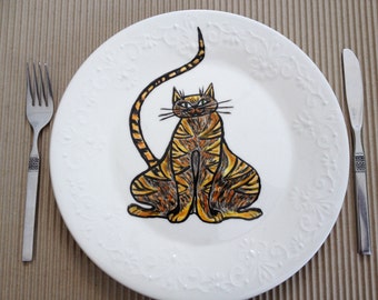 Decorative  plate -hand painted plate-size 11 inches diamiter - Cat image - dinner plate -Ceramic hand painted plate.