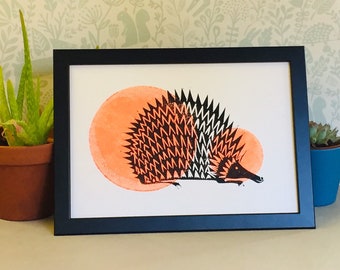 Lino Print - Limited Edition -A4 Linocut -Hedgehog relief print -hedgehog Lino print - linoleum print on acid free paper.