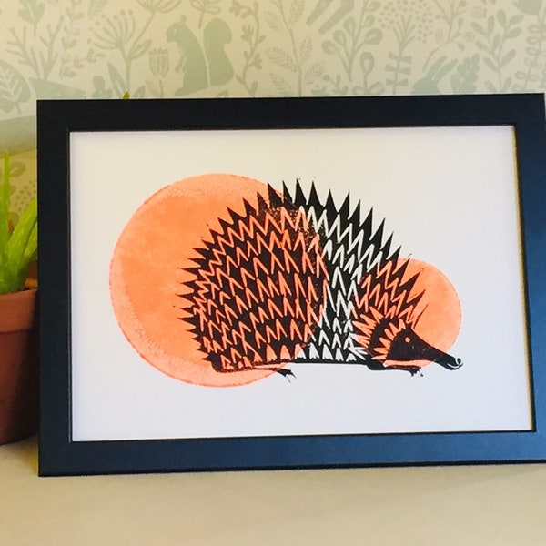 Lino Print - Limited Edition -A4 Linocut -Hedgehog relief print -hedgehog Lino print - linoleum print on acid free paper.