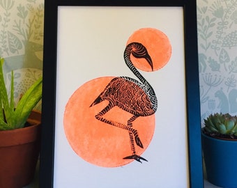 Flamingo  Print - Limited Edition Lino print -bird print - black Flamingo print -ink print -linoleum print.