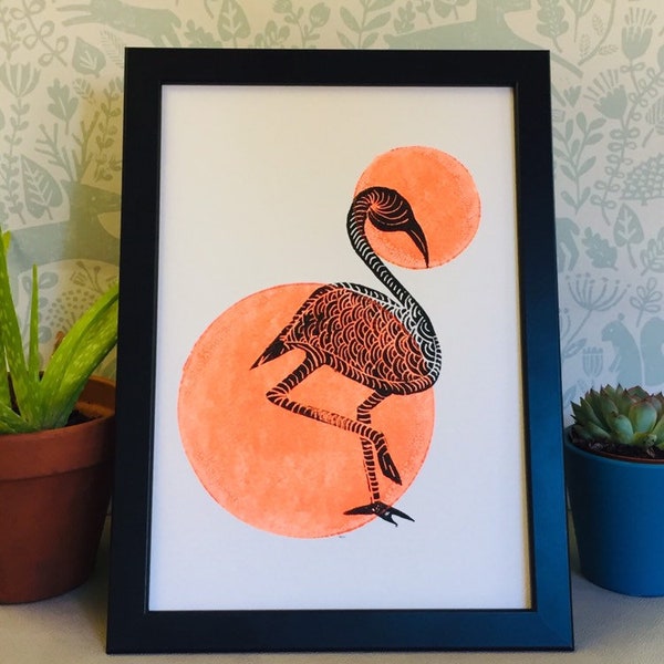 Flamingo  Print - Limited Edition Lino print -bird print - black Flamingo print -ink print -linoleum print.