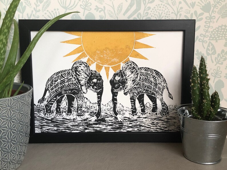 Lino Print Elephant relief print A4 Linocut Elephant Lino print linoleum print on acid free paper. Limited Edition