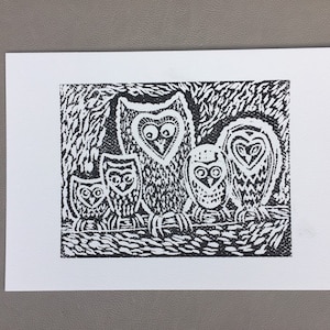 Lino Print -Limited Edition- A4 Linocut -Title Night Watch -Owls -relief print - linoleum print on acid free paper.