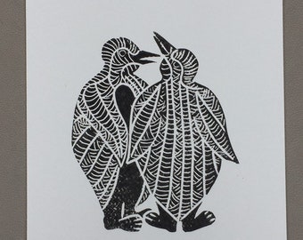 Lino Print -Limited Edition - A4 Linocut -Titled - Penguin Love -relief print - linoleum print on acid free paper.