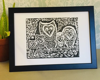 Lino Print -Limited Edition- A4 Linocut -Title Night Watch -Owls -relief print - linoleum print on acid free paper.