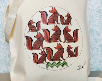 TOTE BAG - reusable tote bag - foxes -fox printed tote bag- long handle tote bag-fabulous gift idea.