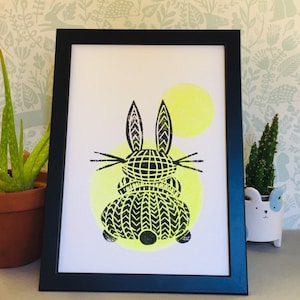 Lino Print - Limited Edition -A4 Linocut -Titled Bunny -relief print -Rabbit print - linoleum print on acid free paper.