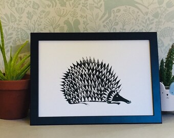 Lino Print - Limited Edition -A4 Linocut -Hedgehog relief print -hedgehog Lino print - linoleum print on acid free paper.