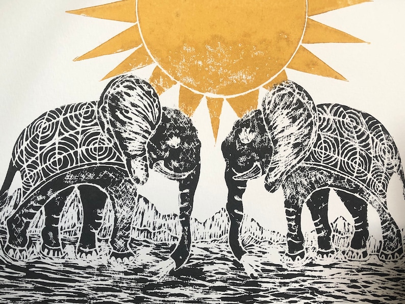Lino Print Elephant relief print A4 Linocut Elephant Lino print linoleum print on acid free paper. Limited Edition