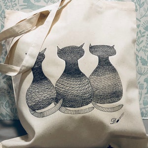 TOTE BAG Crowd 100% Cotton Cat Design Fantastic Gift Idea-reusable tote bag-fabric tote bag. image 2