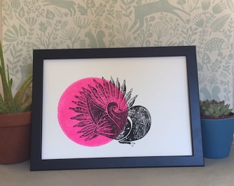 Lino Print -Limited Edition print - Black Peacock print -block  print -Bird print -linoleum print - colour pop print.