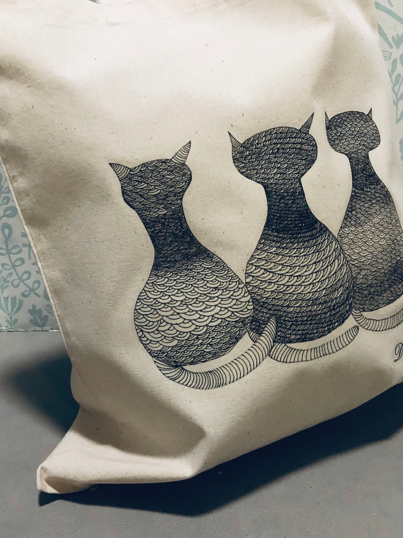 TOTE BAG Crowd 100% Cotton Cat Design Fantastic Gift Idea-reusable tote bag-fabric tote bag. image 5