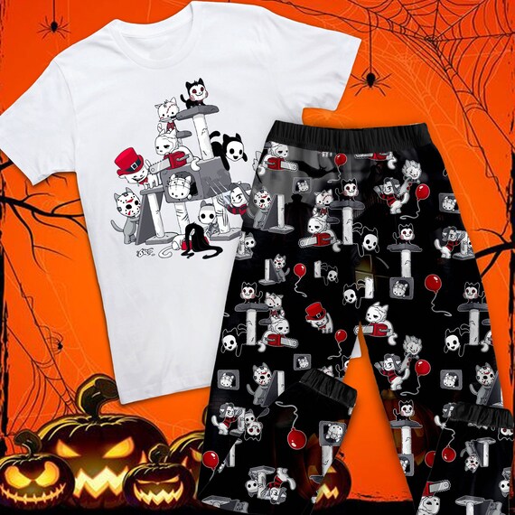 Happy Halloween Pajamas Set For Adult, Horror Movie Cat Pajamas Set, Perfect Gift For Fans And Loved Ones!