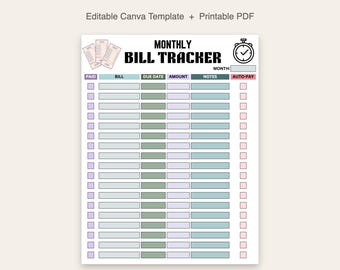 Bill Tracker | Editable Canva Template | Printable Monthly Bills Log | 2 Page PDF | Instant Download