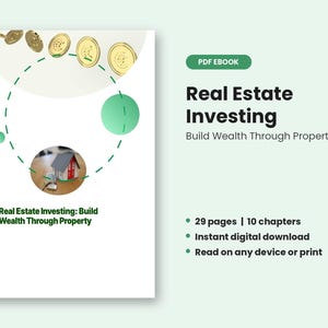 May include: A PDF ebook cover titled Real Estate Investing: Build Wealth Through Property. The design features gold coins, a circular graphic, and a small house model with keys. Text includes 29 pages, 10 chapters, and instant digital download.