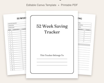 52 Week Saving Tracker | 52 Week Savings Challenge | Editable Canva Template | Printable Savings Tracker | 3 Page PDF | Instant Download