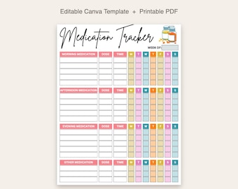 Medication Tracker | Editable Canva Template | Printable Pill Log | 2 Page PDF | Instant Download