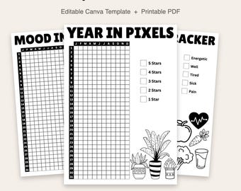 Yearly Trackers Bundle | Yearly Tracker Bundle | Editable Canva Template | Printable Year in Pixels | 11 Page PDF | Instant Download