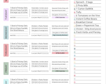 May include: A weekly meal planner with a structured layout for breakfast, lunch, and dinner, including a shopping list and notes section. The planner lists meals for each day of the week, from January 1st to 7th, with a goal of four workouts.