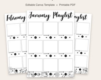 12-Month Playlist Tracker | Editable Canva Template | Printable Music Journal | 12 Page PDF | Instant Download